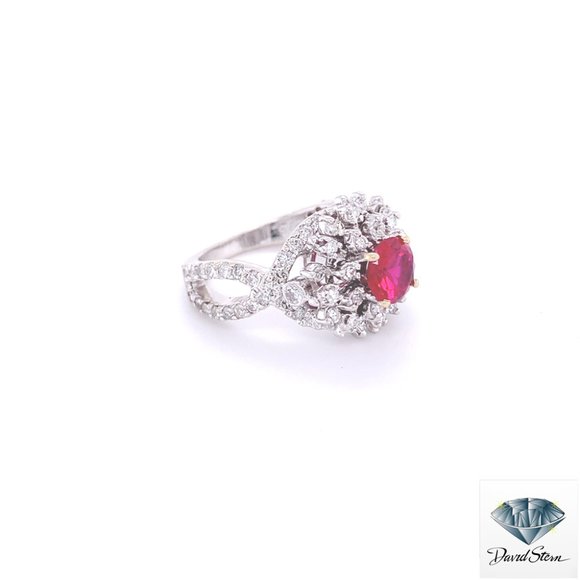 1.00 CT Round Chatham Ruby Faceted Cluster Ring in 14kt White Gold
